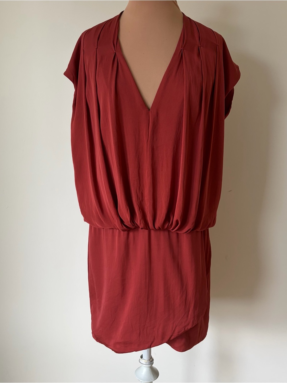 Exclusive For Intermix Blouson Draped Cap Sleeve V-Neck Rust-Red Mini Dress Sz S